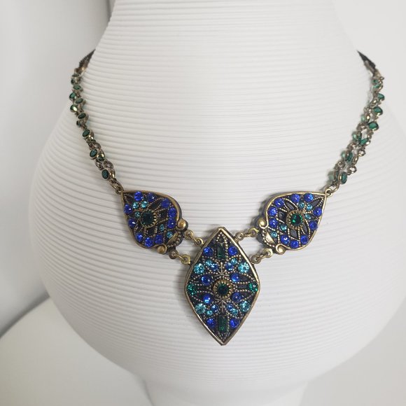 Michal Golan Peacock Necklace w/Triple Teardrop Pendants of Blue, Purple & Green - Picture 1 of 13